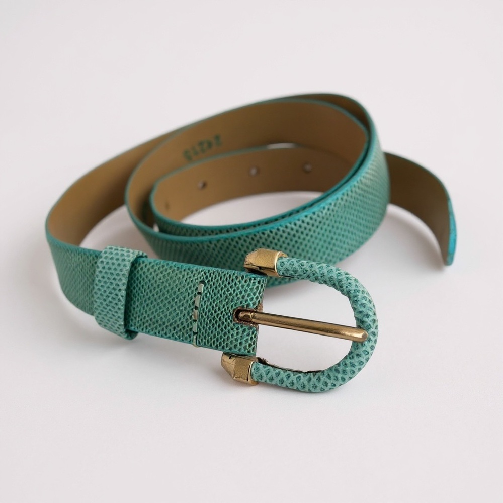 Vintage Genuine Reptile Green-aqua belt and buckle w/ brass details  .75" wide​